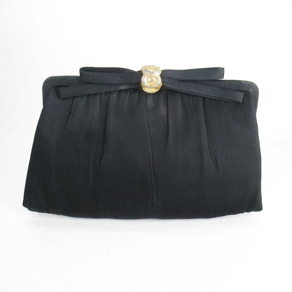 Vtg After Five Handbag Women Black Acrylic Gold Tone Bow Clutch Purse Bag
